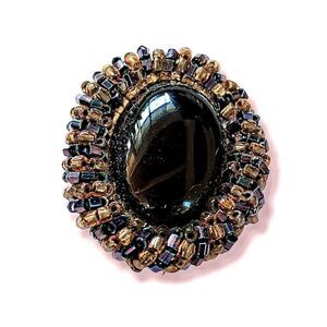 Black onyx gold blue hand beaded oval pierced earrings Artist designed Vtg
